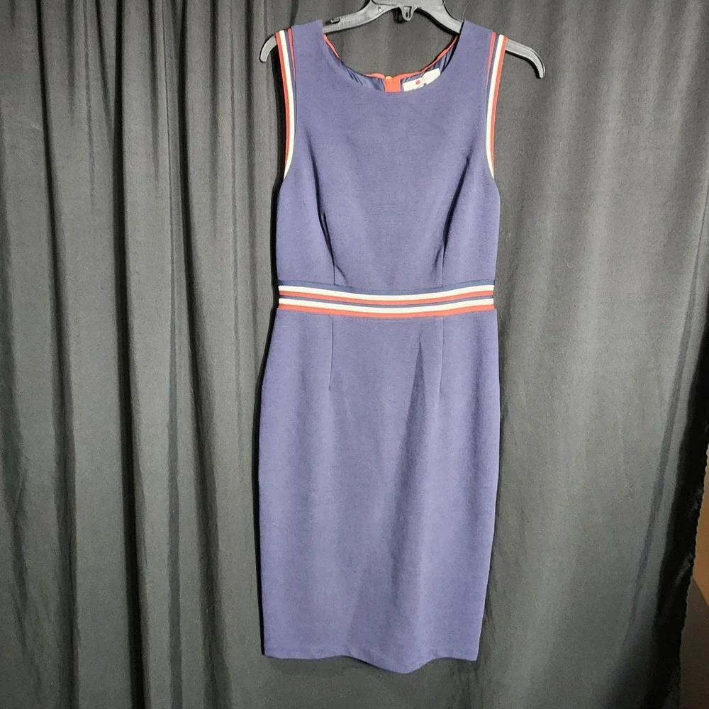 Boden Navy Blue Ottoman Sheath Dress Striped Trim Sleeveless‎ Size 6R J0458